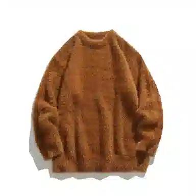 极限涡轮 美式街头风貂毛纯色加厚慵懒时尚休闲百搭宽松圆领针织衫 男女同款