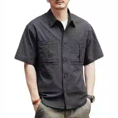 格蓝鹿 高级感潮速干透气牌冰丝纽扣落肩城市机能翻领纯色宽松短袖衬衫 男女同款 黑色