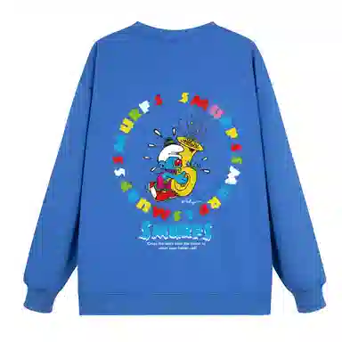 蓝精灵 美式复古休闲舒适重磅手绘卡通人物字母印花圆领卫衣 男女同款 黑色