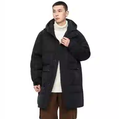 鸭鸭 纯色连帽拉链宽松厚款中长款长袖羽绒服 男款