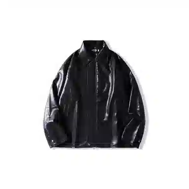 我是大卫 亮面基础款纯色高街翻领皮衣开衫夹克 男女同款 黑色