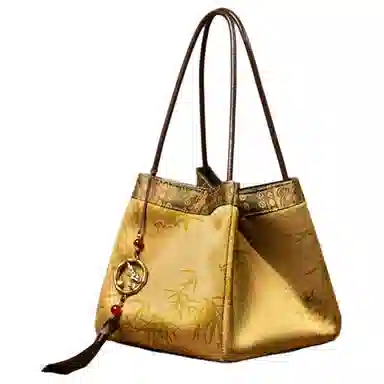 上海故事 新中式国风拼接设计 桑蚕丝香云纱 手提包 中号 女款 新黄绿/铁锈红