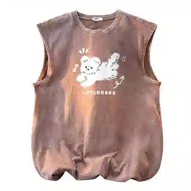 兰缪 日系复古纯色基础款简约美式宽松小狗印花圆领百搭日常通勤无袖背心 男女同款