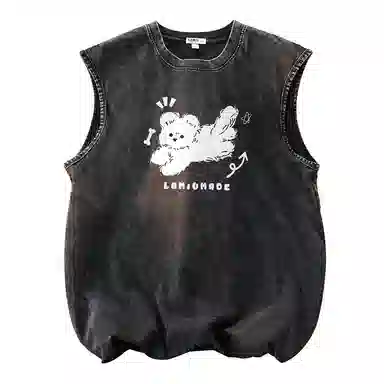 兰缪 日系复古纯色基础款简约美式宽松小狗印花圆领百搭日常通勤无袖背心 男女同款