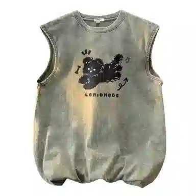 兰缪 日系复古纯色基础款简约美式宽松小狗印花圆领百搭日常通勤无袖背心 男女同款