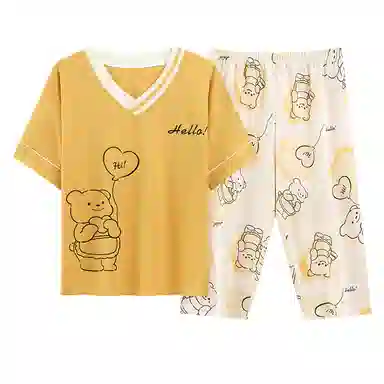 莫代尔 时尚简约轻盈休闲小清新亲肤舒适带胸垫七分裤居家服睡衣套装 女款 黄色