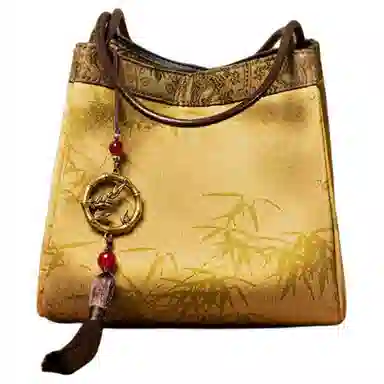 上海故事 新中式国风拼接设计 桑蚕丝香云纱 手提包 中号 女款 新黄绿/铁锈红