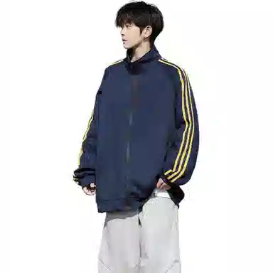寻星记 美式复古三条杠立领开衫潮流百搭外套卫衣 男女同款