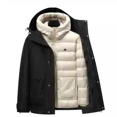 鸭鸭 可拆卸内胆三合一连帽纯色时尚简约保暖性强百搭多口袋设计户外机能羽绒服 男女同款