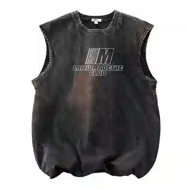 兰缪 日系复古纯色基础款简约宽松美式字母透气水洗做旧圆领百搭无袖背心 男女同款