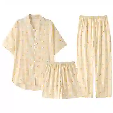夏芬妍 甜美可爱条纹萌鸡云朵棉翻领开衫宽松柔软舒适短袖三件套慵懒简约可外穿家居服睡衣套装 女款 黄色