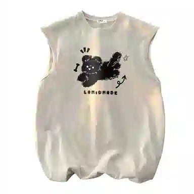 兰缪 日系复古纯色基础款简约美式宽松小狗印花圆领百搭日常通勤无袖背心 男女同款