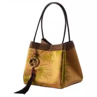 上海故事 新中式国风拼接设计 桑蚕丝香云纱 手提包 中号 女款 新黄绿/铁锈红