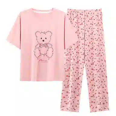 莫代尔 大码亲肤休闲简约柔软舒适透气短袖上衣家居服长裤睡衣套装 女款 粉红色