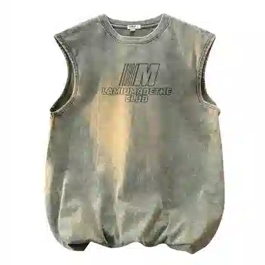 兰缪 日系复古纯色基础款简约宽松美式字母透气水洗做旧圆领百搭无袖背心 男女同款