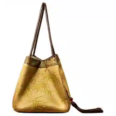 上海故事 新中式国风拼接设计 桑蚕丝香云纱 手提包 中号 女款 新黄绿/铁锈红