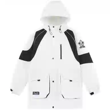 三体 太空亚洲战舰队系列 拼接撞色字母绣花章保暖加厚防风防水派克服拉链工装口袋户外休闲中长款连帽羽绒服外套 男女同款