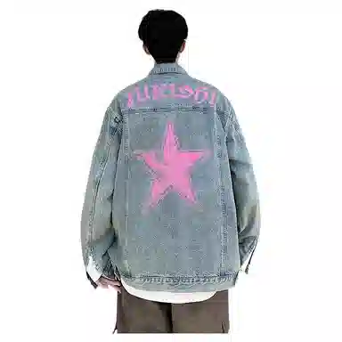 人本 美式复古重水洗拼接多口袋工装上衣背面大印花字母星星图案翻领宽松夹克衫落肩长袖单排扣开衫牛仔外套 男女同款 蓝色