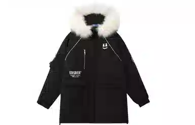 ER Letter Print Fleece Lined Mid-Length Hoodie Down Jacket