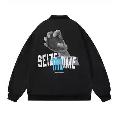 三体 我的三体系列 美式复古简约基础款纯色休闲字母印花宽松百搭开衫高街潮牌时尚学生棒球服工装飞行员夹克外套 男女同款