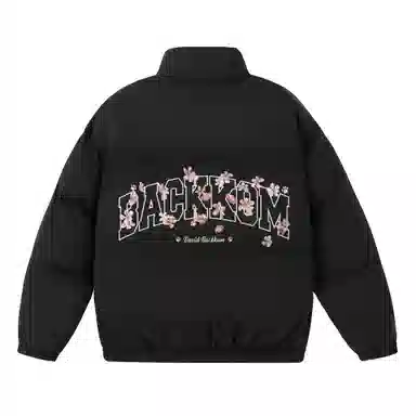 大卫贝肯 美式复古潮流个性樱花花卉字母印花日常出行通勤休闲宽松百搭立领高街面包服加厚保暖棉服 男女同款 黑色