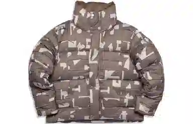 中国李宁 满印字母刺绣立领单排扣长袖羽绒服 男女同款 羊绒灰陶泥褐