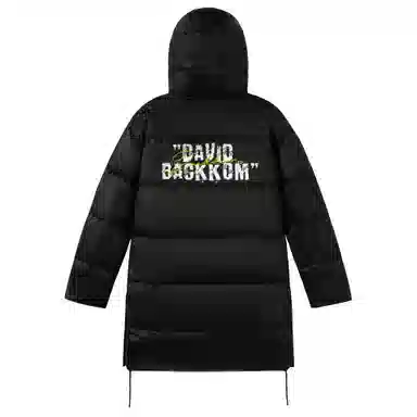 大卫贝肯 美式复古潮流时尚保暖防风字母印花设计宽松舒适连帽休闲中长款百搭外套羽绒服 男女同款 黑色