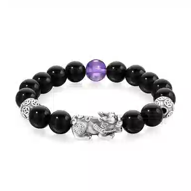 【s999足银貔貅】 喜宝春花 八方来财紫水晶转运珠佛珠父亲前程似锦平安喜乐男朋友诸事顺利国风新中式古风好运 黑檀 手串 男女同款情侣款