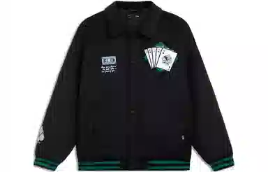 中国李宁 滑板系列 日进斗金 图案刺绣单排扣长袖棉服外套 男款 黑色