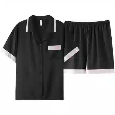 夏芬妍 简约高级感舒适凉感撞色缎面冰雪丝翻领家居服亲肤休闲短袖短裤时尚可外穿夏季薄款睡衣套装 男女同款 黑色