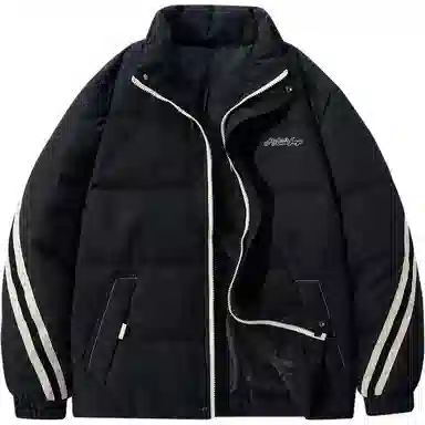 鸭鸭 加厚保暖鸭绒撞色条纹织带休闲宽松立领无帽无性别面包服暗黑羽绒服外套 男女同款