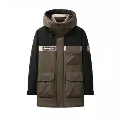 鸭鸭 山系户外风工装多口袋插色拼接立体滴塑休闲宽松连帽套头羽绒服 男女同款