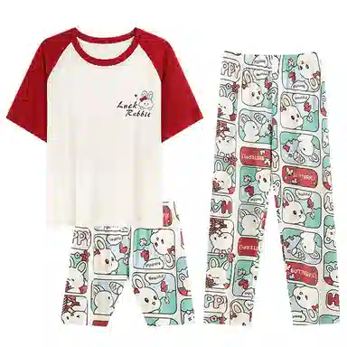 莫代尔 外出可穿大码居家服短袖上衣亲肤休闲简约短裤柔软舒适透气长裤睡衣套装 女款 杏色