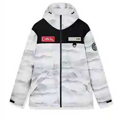乔丹 男子训练系列 保暖防水连帽休闲运动羽绒服 男款 雪山印花/黑色