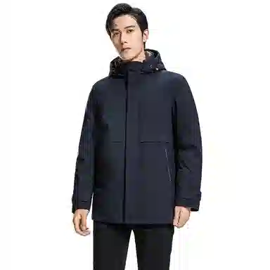 鸭鸭 纯色商务休闲连帽中长款羽绒服 男款 虾青色