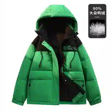 鸭鸭 加厚保暖休闲宽松刺绣字母拼接撞色简约立领连帽羽绒服 男女同款