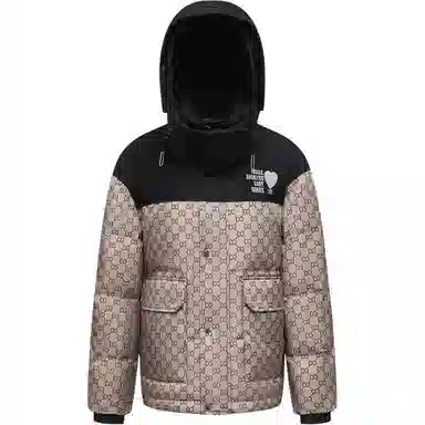 鸭鸭 拼色字母爱心印花连帽拉链羽绒服 男女同款