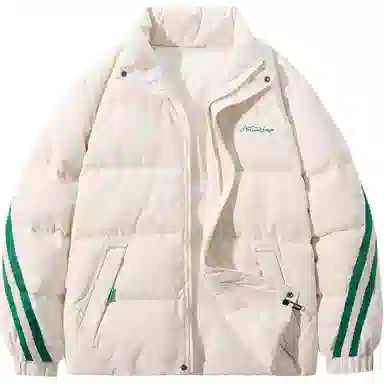 鸭鸭 加厚保暖鸭绒撞色条纹织带休闲宽松立领无帽无性别面包服暗黑羽绒服外套 男女同款