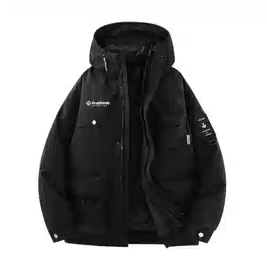 鸭鸭 山系字母印花立体多口袋设计连帽保暖羽绒服 男女同款