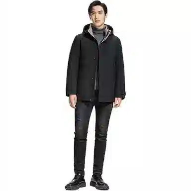 鸭鸭 纯色商务休闲连帽中长款羽绒服 男款 虾青色