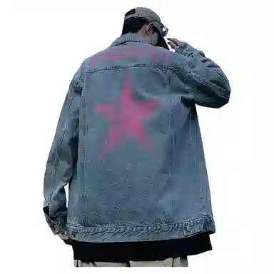 人本 美式复古重水洗拼接多口袋工装上衣背面大印花字母星星图案翻领宽松夹克衫落肩长袖单排扣开衫牛仔外套 男女同款 蓝色