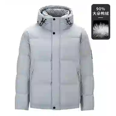 鸭鸭 撞色格子领保暖中长款连帽羽绒服外套 男款