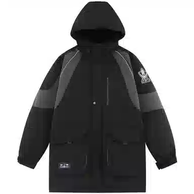 三体 太空亚洲战舰队系列 拼接撞色字母绣花章保暖加厚防风防水派克服拉链工装口袋户外休闲中长款连帽羽绒服外套 男女同款