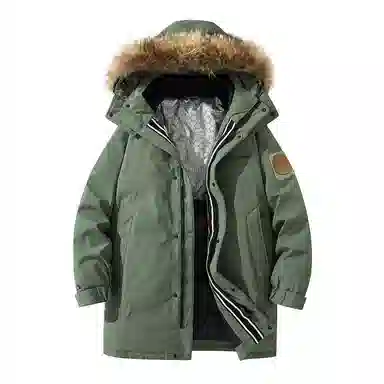 鸭鸭 绿色军大衣外套升级石墨烯内里可脱卸貉子毛领连帽无性别暗黑羽绒服 男女同款 黑色