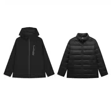 特步  羽翼 户外纯色可拆帽羽绒三合一  防水防风透气轻量冲锋衣 男女同款 正黑色