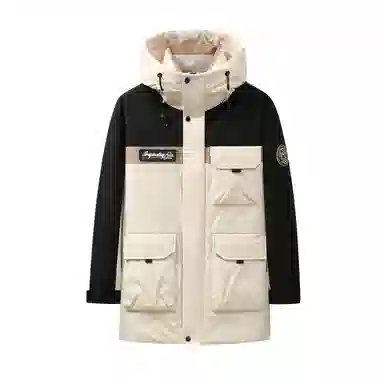 鸭鸭 山系户外风工装多口袋插色拼接立体滴塑休闲宽松连帽套头羽绒服 男女同款