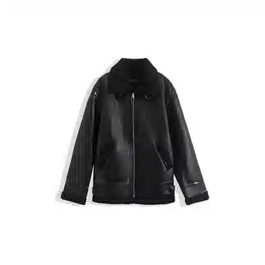 我是大卫 纯色机车服皮毛一体加厚夹克 男女同款 黑色