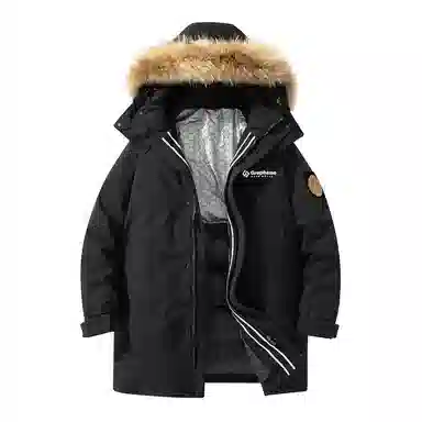 鸭鸭 绿色军大衣外套升级石墨烯内里可脱卸貉子毛领连帽无性别暗黑羽绒服 男女同款 黑色