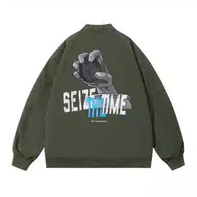 三体 我的三体系列 美式复古简约基础款纯色休闲字母印花宽松百搭开衫高街潮牌时尚学生棒球服工装飞行员夹克外套 男女同款