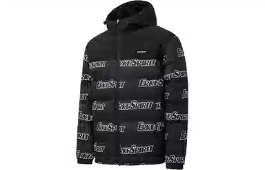 鸿星尔克 字母满印拼接连帽休闲加厚保暖羽绒服 男款 正黑